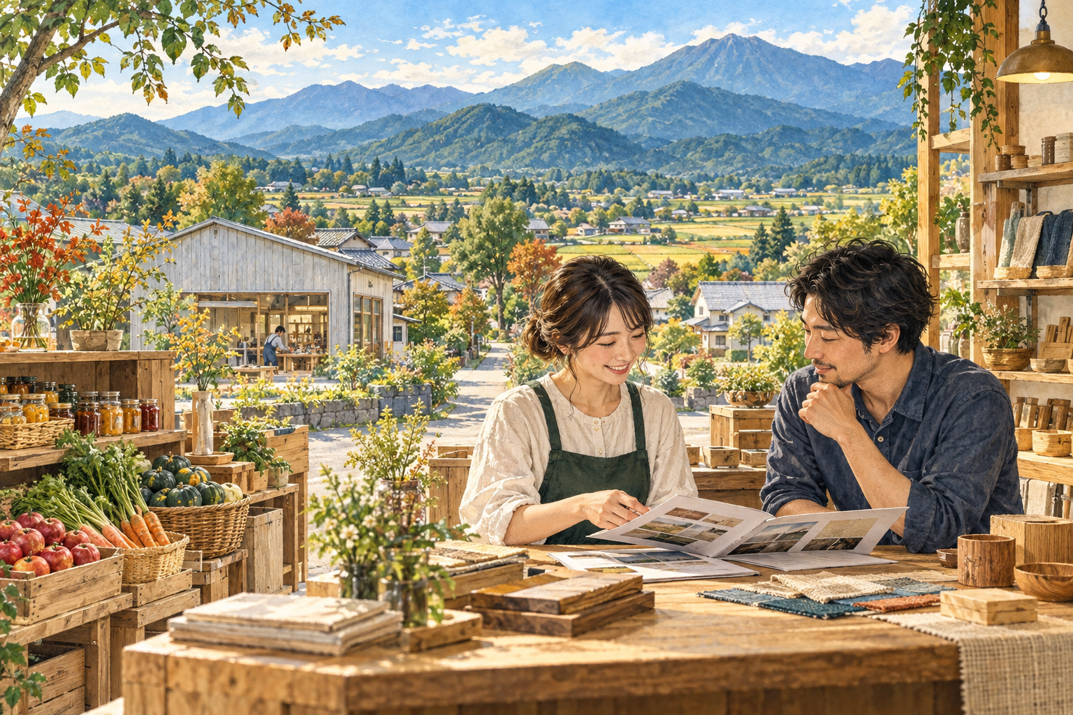 群馬らしい山並みと田畑、町を背景に、工房の店内で商品資料を見ながら話す人たちを描いた創作イラスト。特定の場所や実在の企業・店舗の実景、Bämの拠点ではありません。