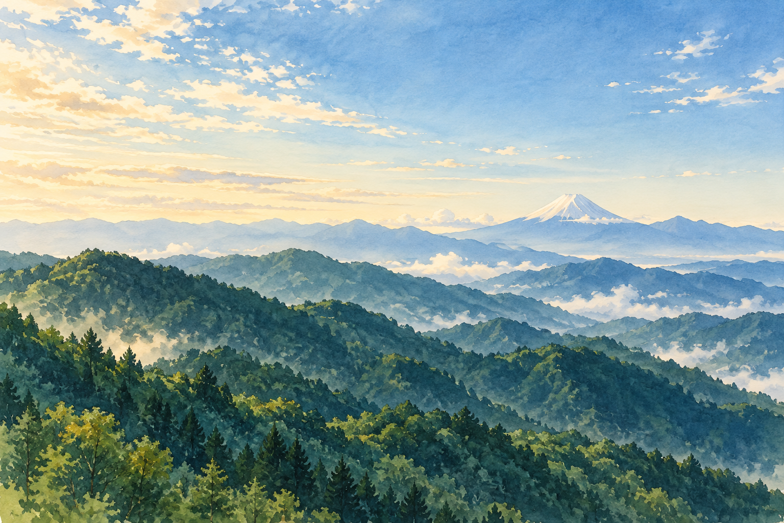 八王子市の高尾山からの眺望をモチーフに、重なる山並みと遠くの富士山を描いた創作イラスト。実景写真や現在の天候を示すものではありません
