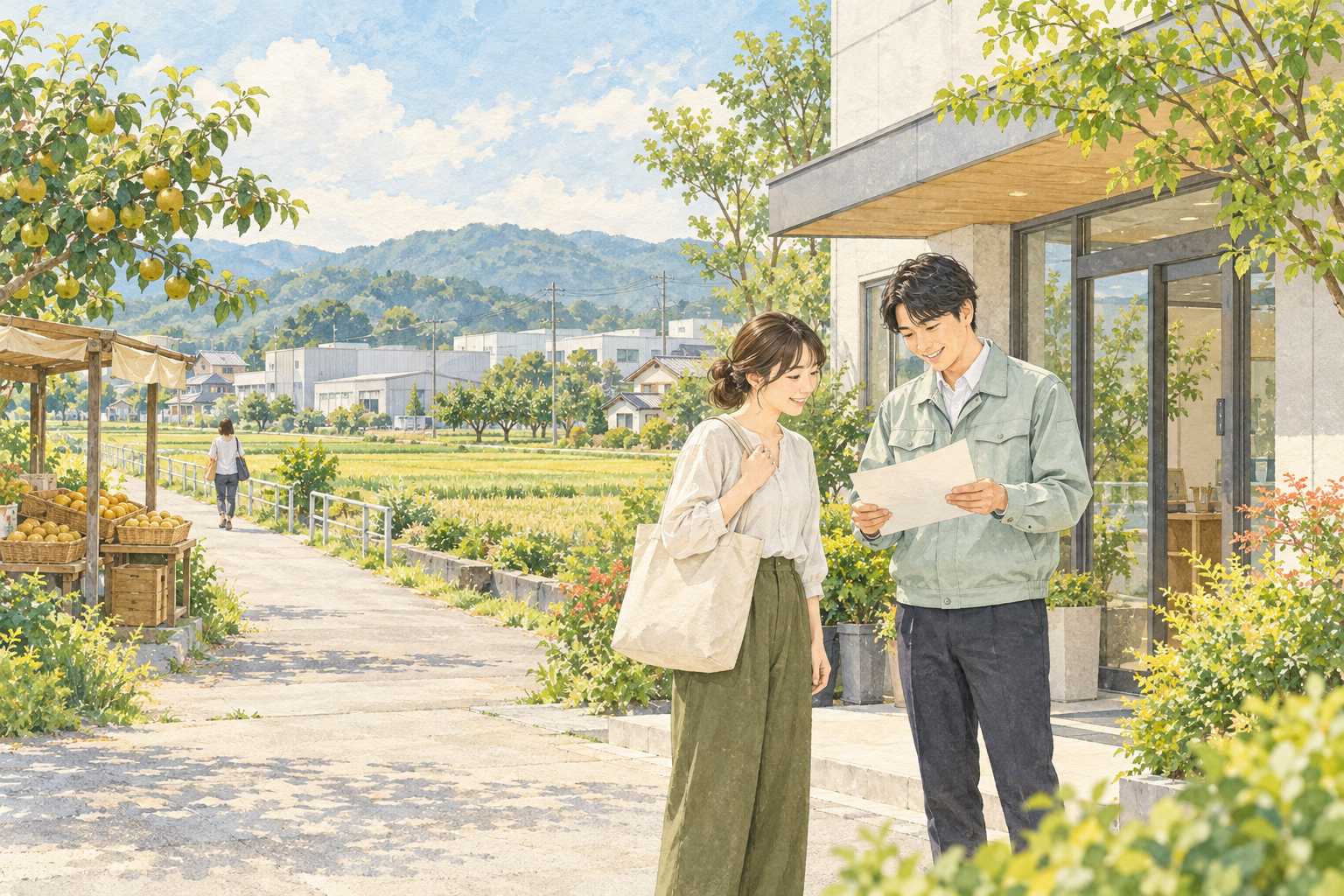 芳賀町の田畑と梨畑、身近な会社や店を訪ねる日常をイメージした創作イラスト。実在の町内企業、加藤梨園、道の駅はがの実景や、Bämの拠点ではありません。