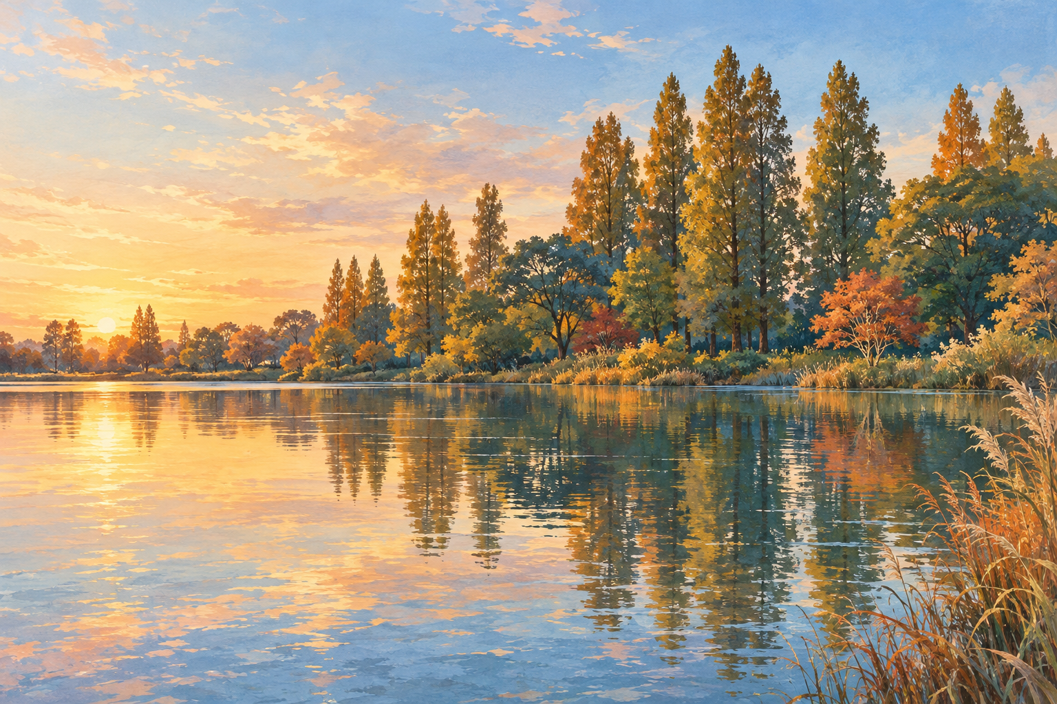 羽生市の景観資料を参考に、夕暮れの木立と静かな池を描いた創作イラスト。実景写真ではありません。