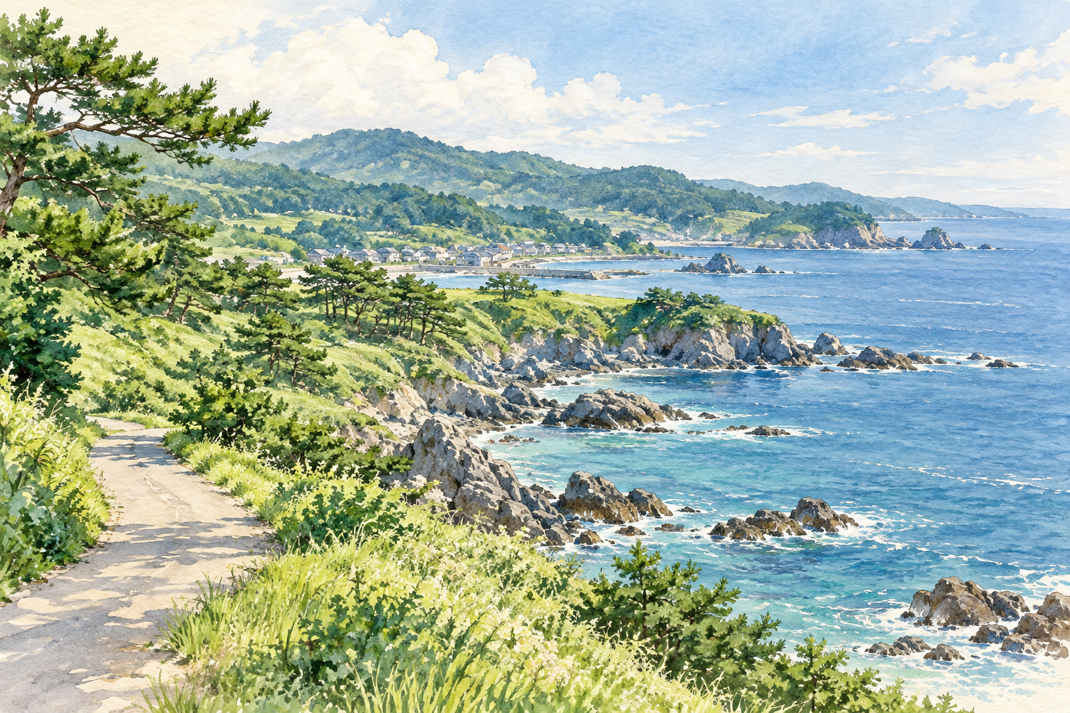 階上町の海と森をイメージした、海岸と緑の丘の架空の風景のイラスト