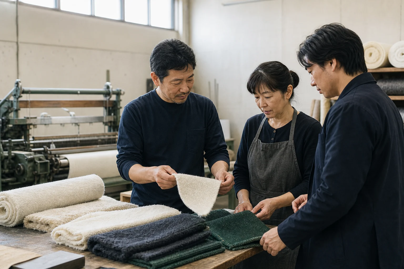 パイル生地や製品見本を広げ、会社の担当者とホームページで伝える内容を確認する様子