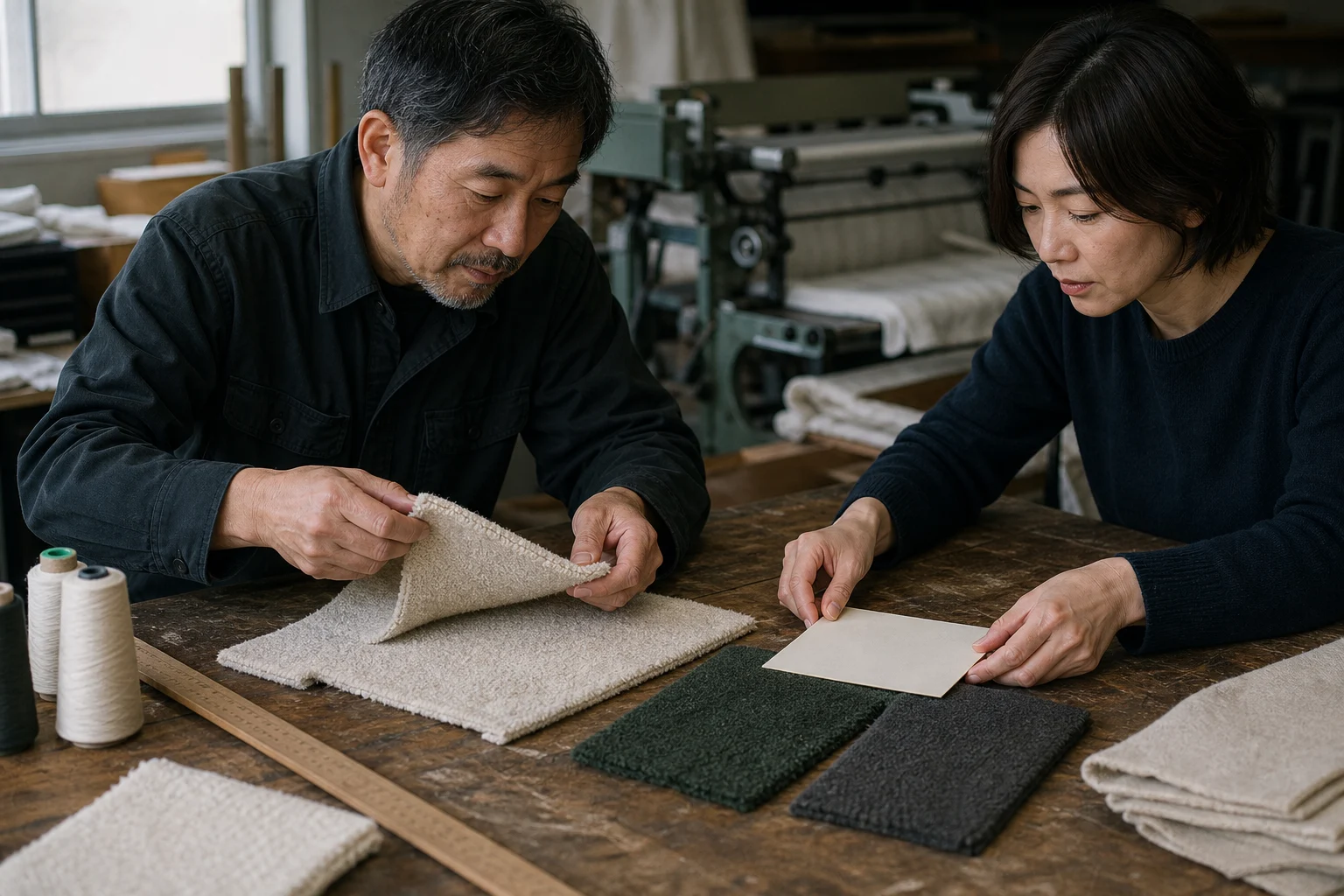 工場や仕事場で製品、設備、採用について会社の担当者から話を伺う様子