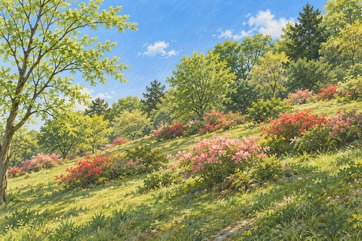 鳩山町の景観資料を参考に、低い丘の花木と新緑を描いた創作イラスト。おしゃもじ山公園の実景写真や現在の開花状況を示すものではありません。