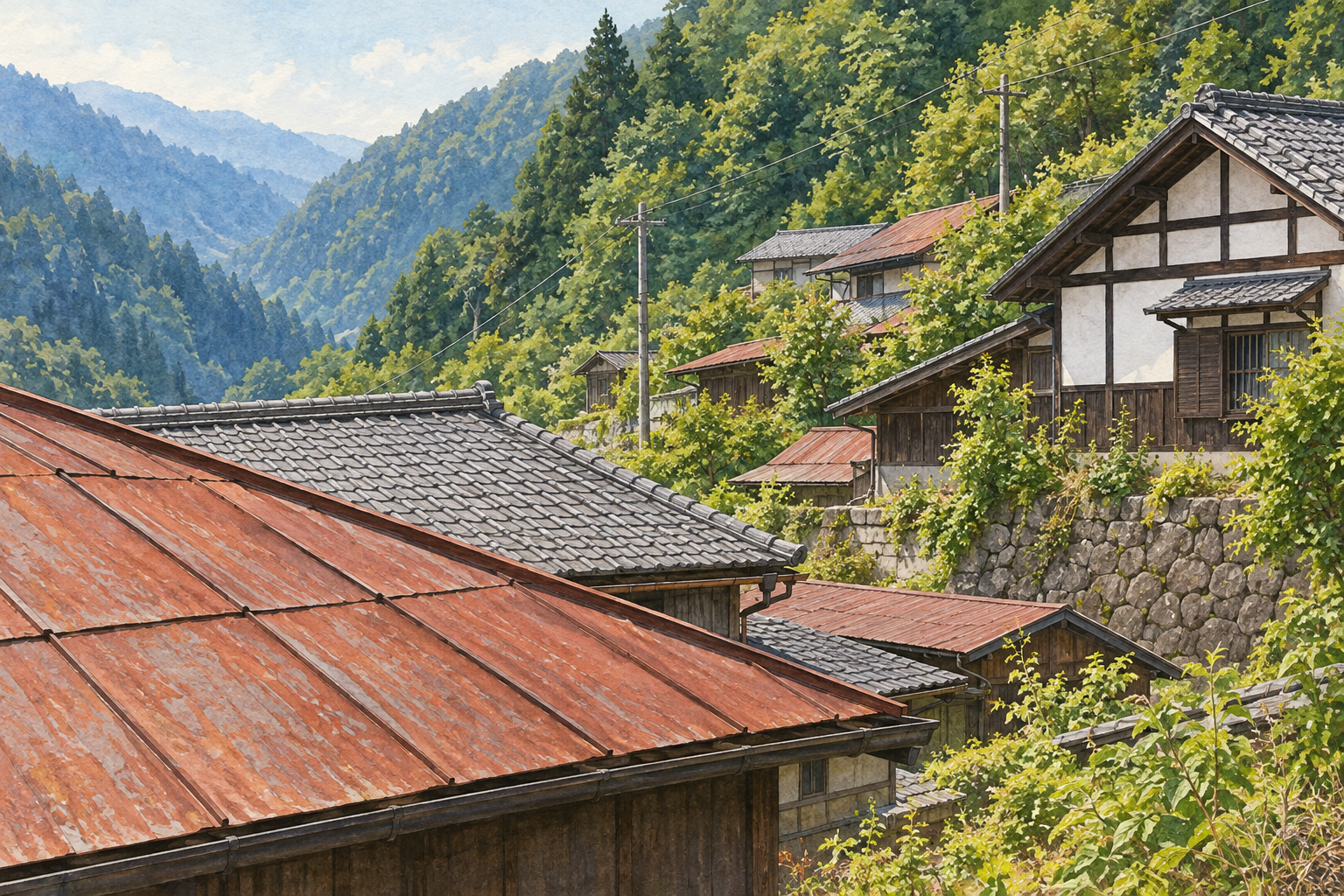 早川町観光協会の赤沢宿の写真をモチーフに、山の斜面に重なる赤茶色や灰色の屋根、木と白壁の家、奥へかすむ谷を描く創作イラスト。建物や山・道の配置は創作と簡略化を含み、正確な地理や現在の居住・営業・通行状況を示す写真ではありません