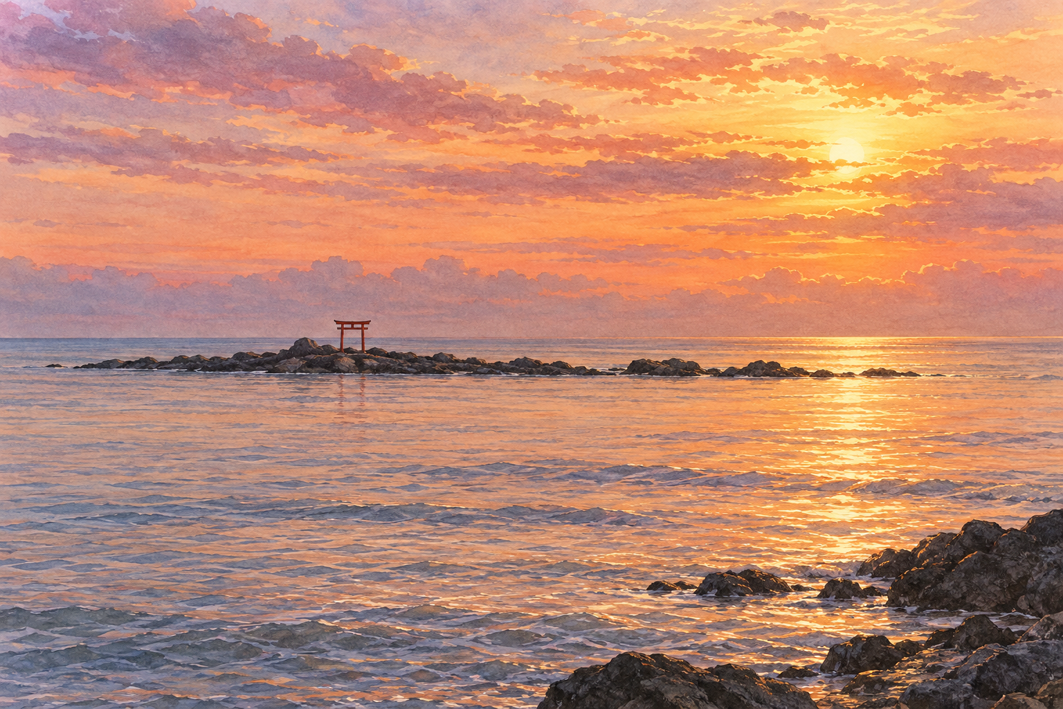 葉山町の森戸海岸沖の名島をモチーフに、低い岩礁と小さな赤い鳥居、夕空と海を描いた創作イラスト。正確な地理や潮位、現在の天候・航行や立入の状況を示す写真ではありません