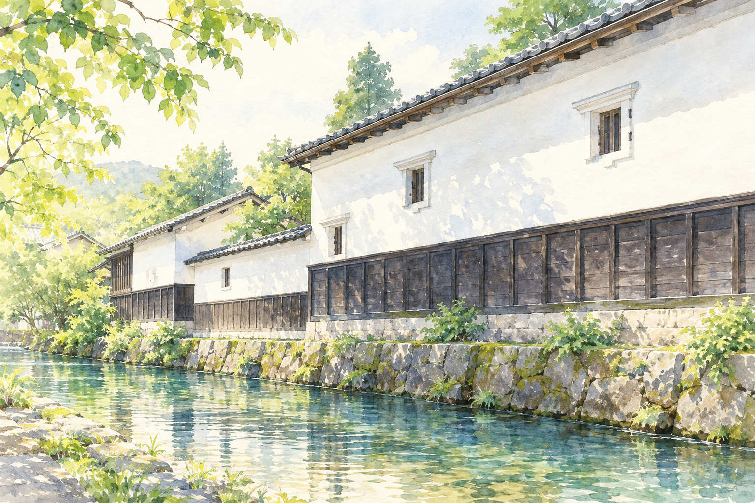 白い土蔵壁と濃い木組み、石の護岸に沿う青緑の水面を横から眺める、飛騨古川の瀬戸川と白壁土蔵街をモチーフにした創作イラスト