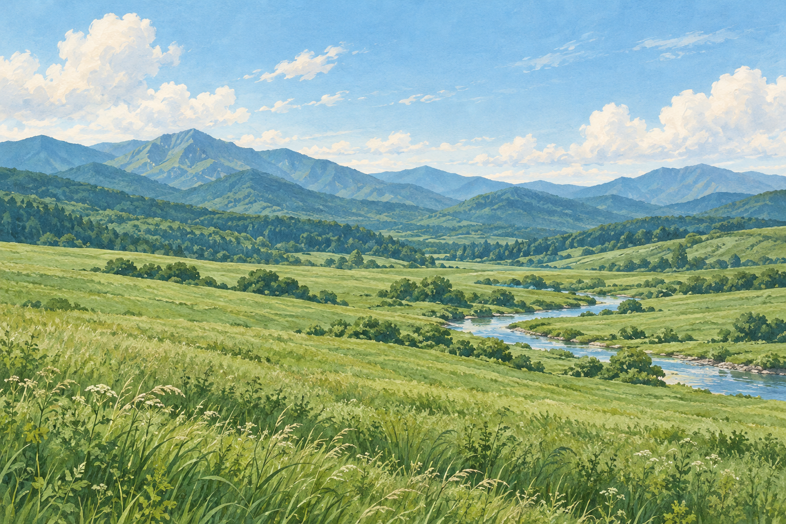 北海道日高町をイメージした緑の草地と遠い山並みのイラスト