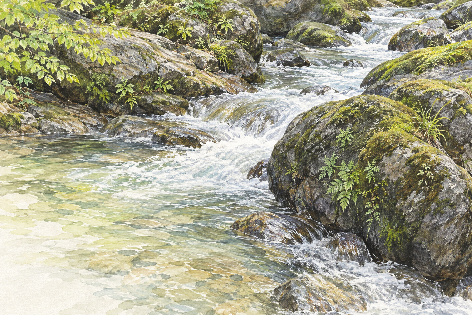 岐阜県東白川村の白川支流の写真をモチーフに、苔の付いた大きな岩の間を白い水が流れる山の小川を描いた創作イラスト
