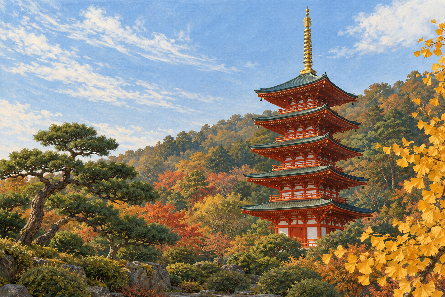 日野市の高幡不動尊の五重塔をモチーフに、朱色の塔と金色の相輪、庭の松や黄葉を描いた創作イラスト。正確な建築細部や現在の境内状況を示す写真ではありません