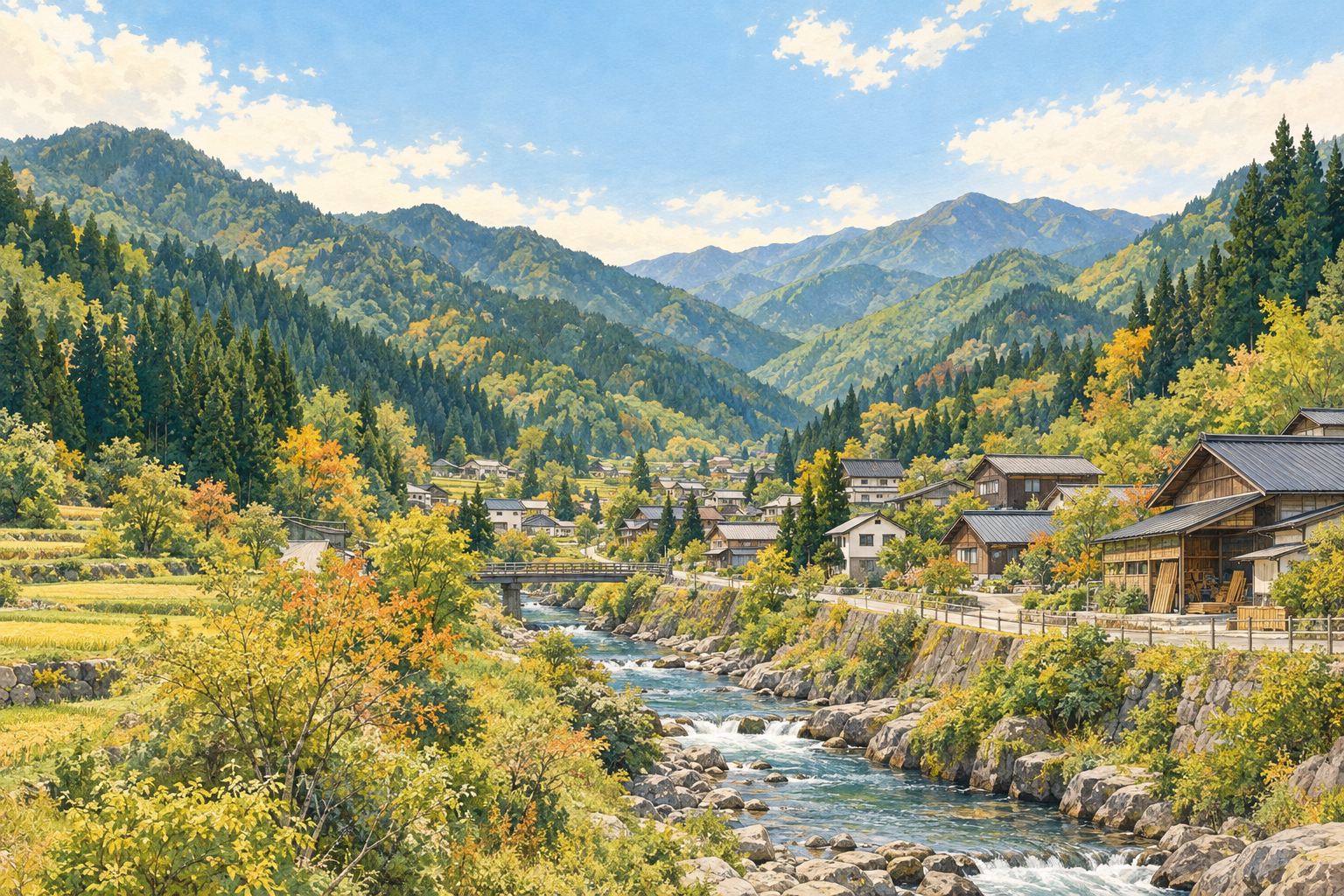 檜枝岐村の山あいの森と川、小さなお店や仕事場がある集落をイメージした創作イラスト。特定の施設・宿・道路の実景、実在企業やBämの拠点ではありません。