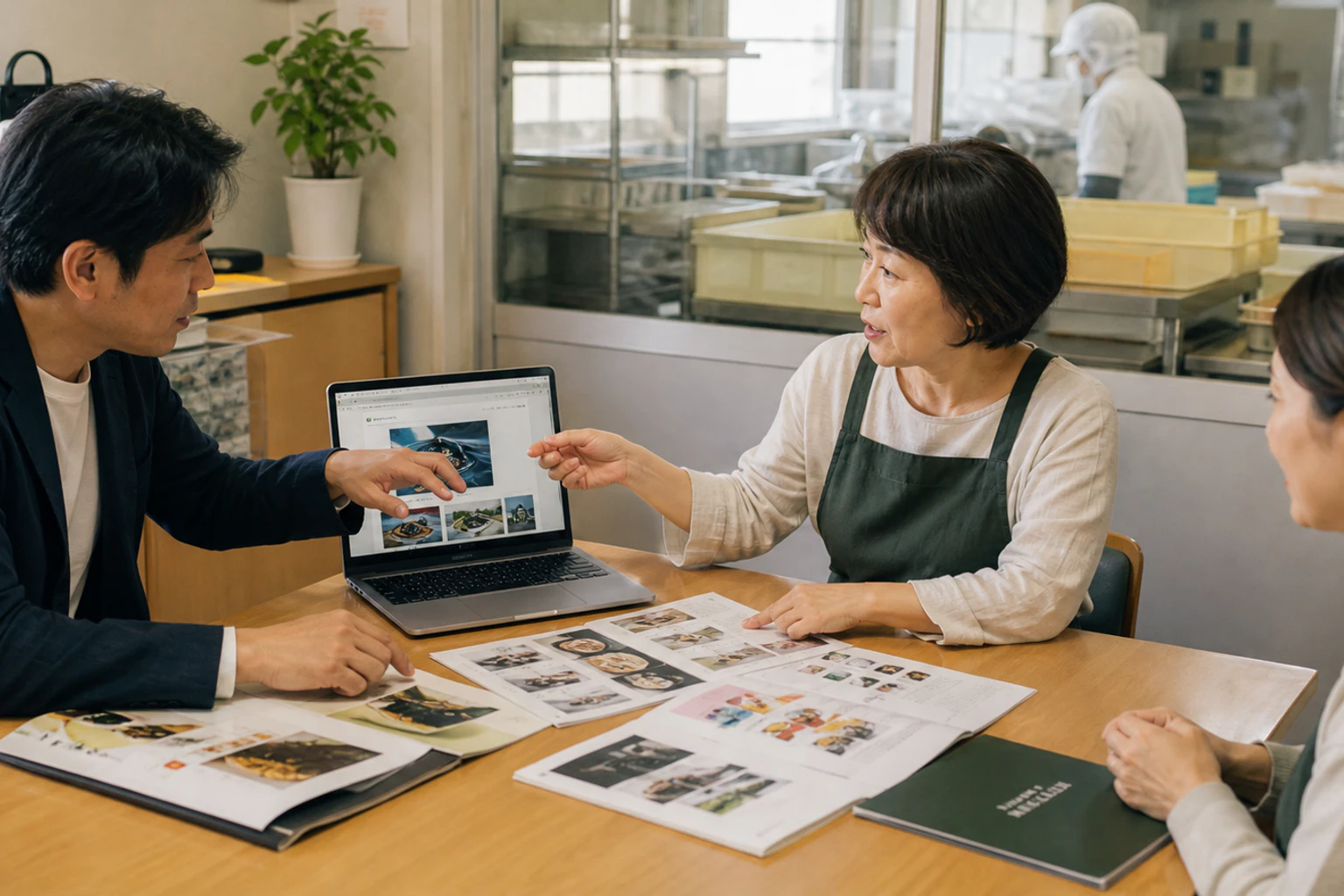 枚方市の事業者と制作担当者が古いホームページと現在の商品・会社資料を見比べる様子（イメージ）