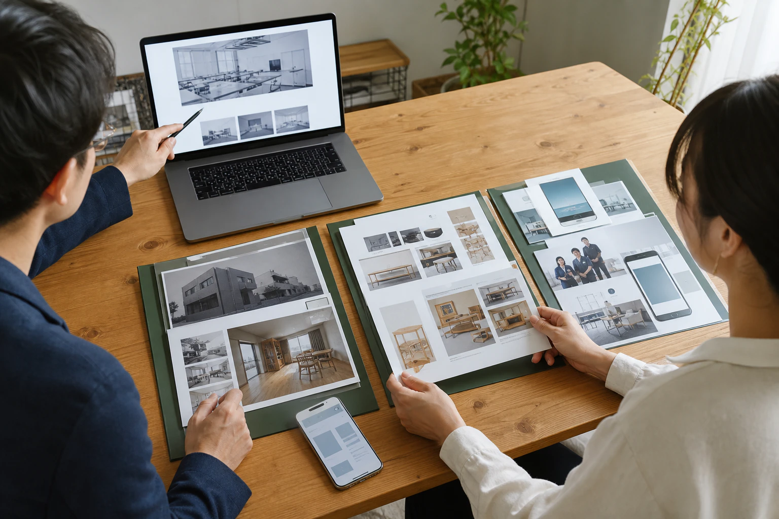 既存サイト画面、商品写真、現場写真、採用資料を残す・直す・追加するに分けて整理する様子(イメージ)