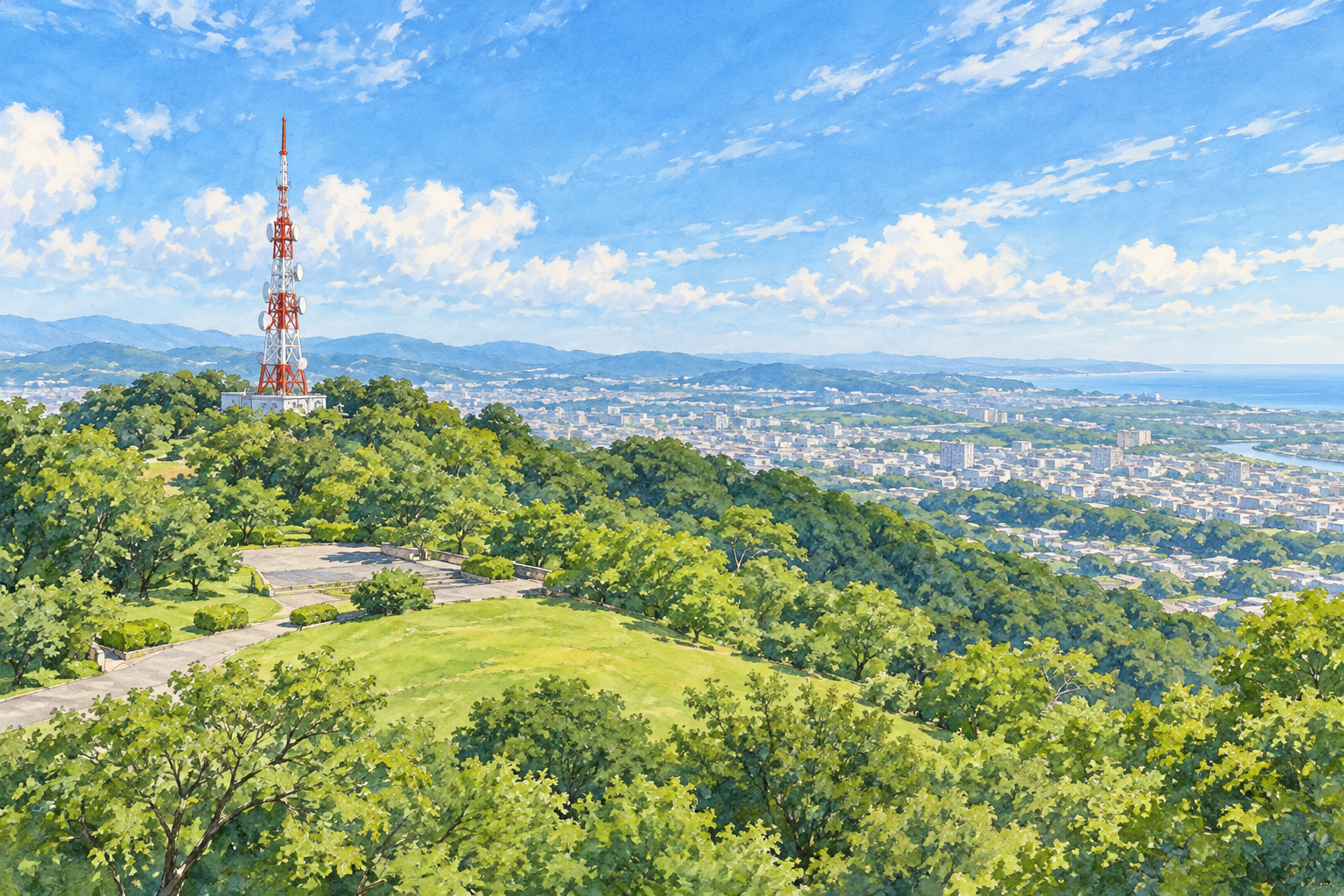 平塚市の湘南平をモチーフに、緑の丘と赤白のテレビ塔、その先に広がる市街地と海を描いた創作イラスト。現在の施設配置や開放、見晴らしを示す写真ではありません