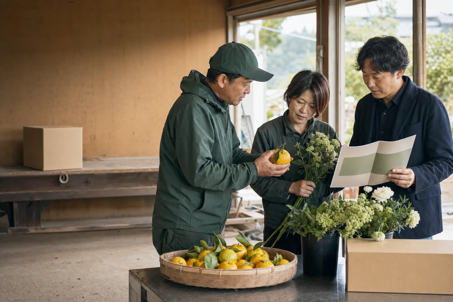 柑橘や花と無地の出荷箱を前に、地域の事業者と販売や取引の案内を相談する様子