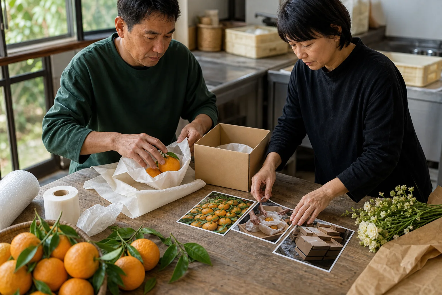 農産物、梱包、出荷の流れを資料と実物で確認する様子