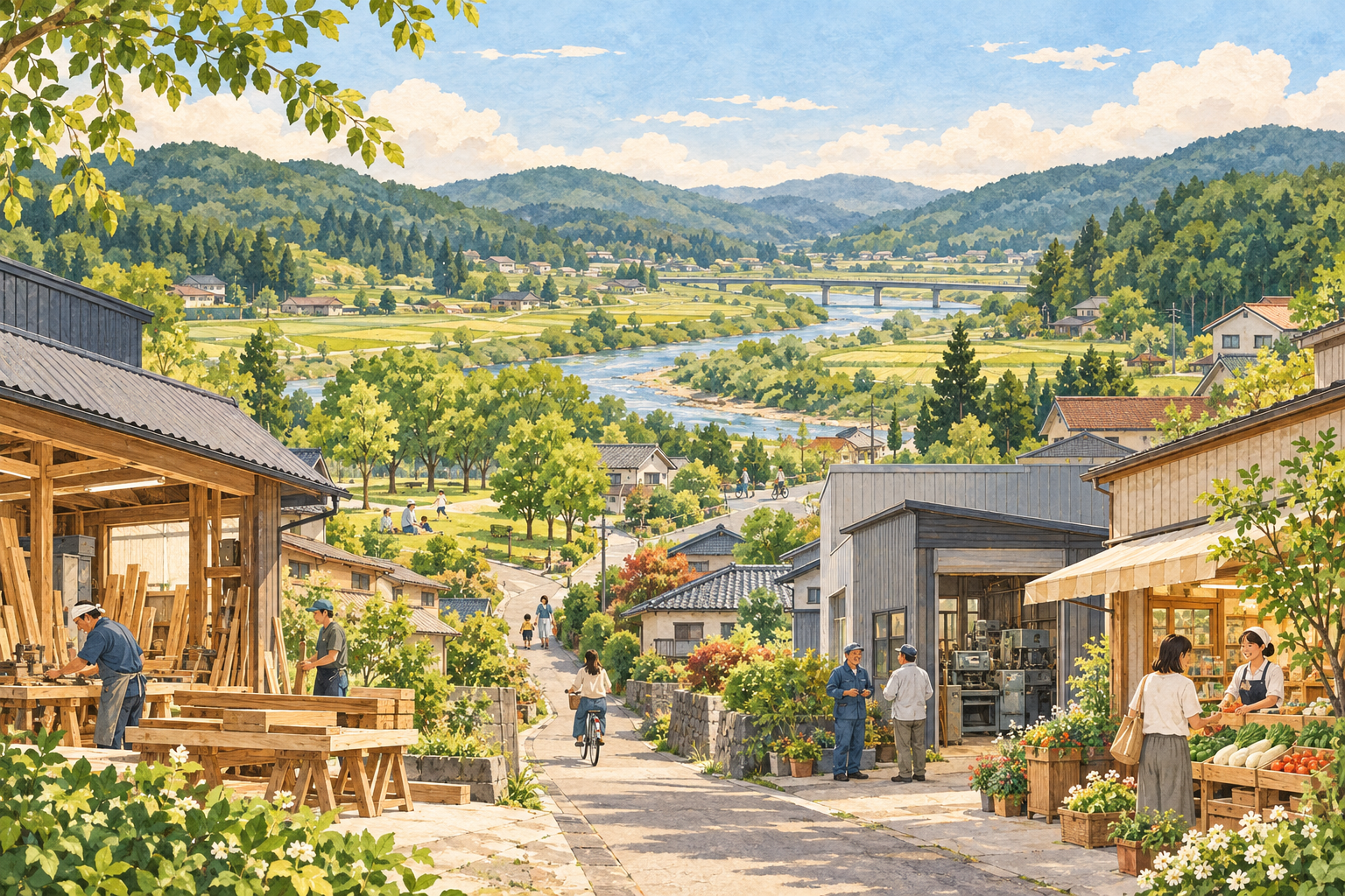 常陸大宮市の緑の丘と川沿いの田園、町の会社や工房、住まいと小さなお店をイメージした創作イラスト。実在の工場・工務店・公園・橋・店舗の実景や、Bämの拠点ではありません。