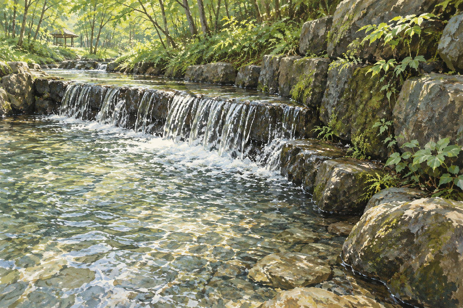 北杜市観光協会の三分一湧水の写真をモチーフに、石積みの低い水路と小さな段差を流れる水、周囲の木立を描く創作イラスト。構造や配置は創作と簡略化を含み、正確な設備や現在の水量・水質・通行状況を示す写真ではありません