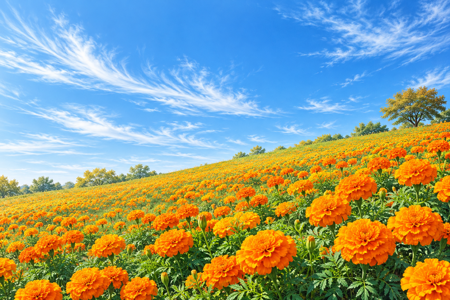 本庄市のマリーゴールドの丘の写真を参考に、低い丘の花畑と秋の空を描いた創作イラスト。実景写真や現在の開花状況、Bämの拠点を示すものではありません。