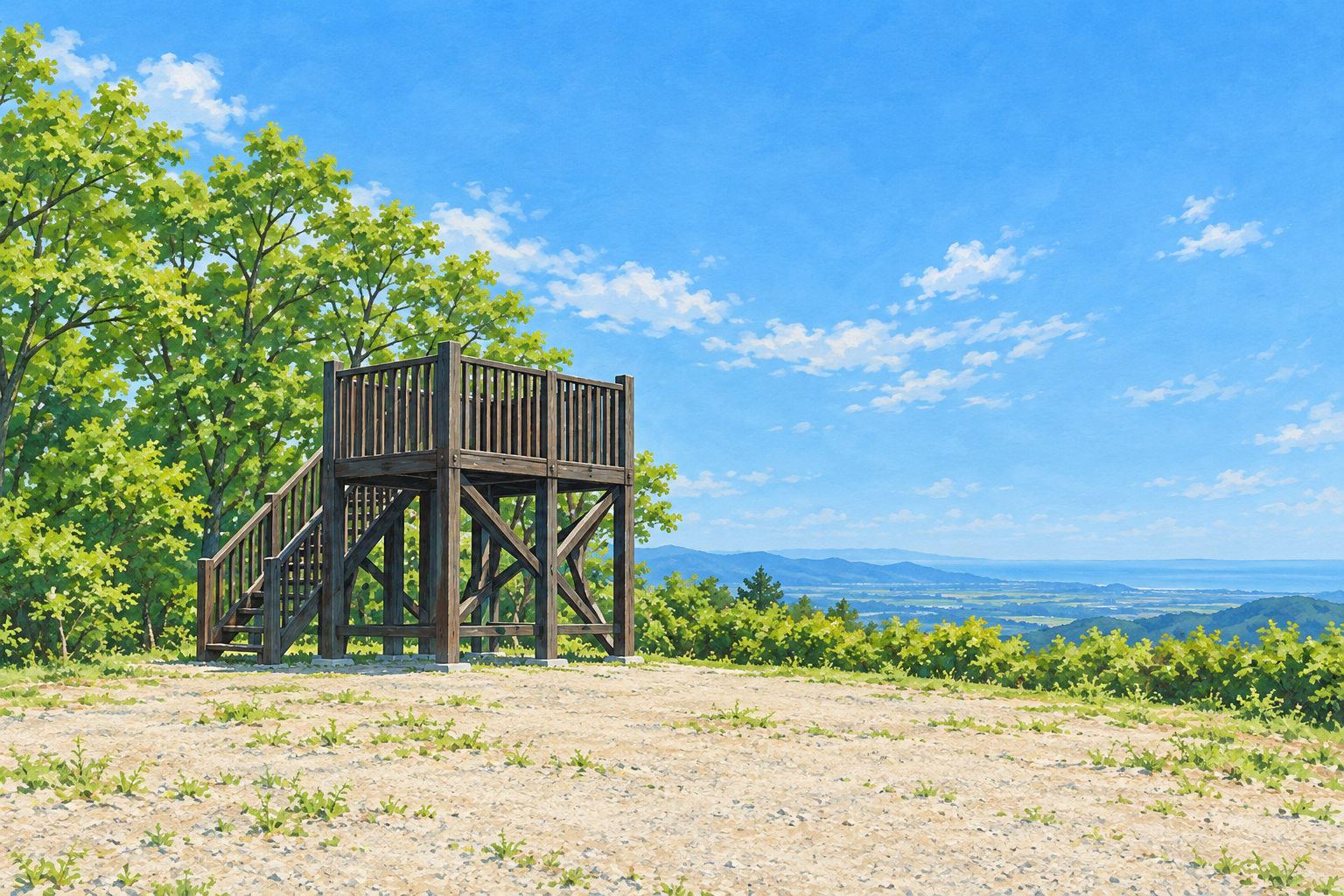 宝達山の県観光公式写真をモチーフにした、青空と濃い緑、砂地に立つ木の展望台の創作イラスト。展望台の形や配置、遠景は創作・簡略化を含み、正確な地形や現在の設備・利用可否を示す写真ではありません