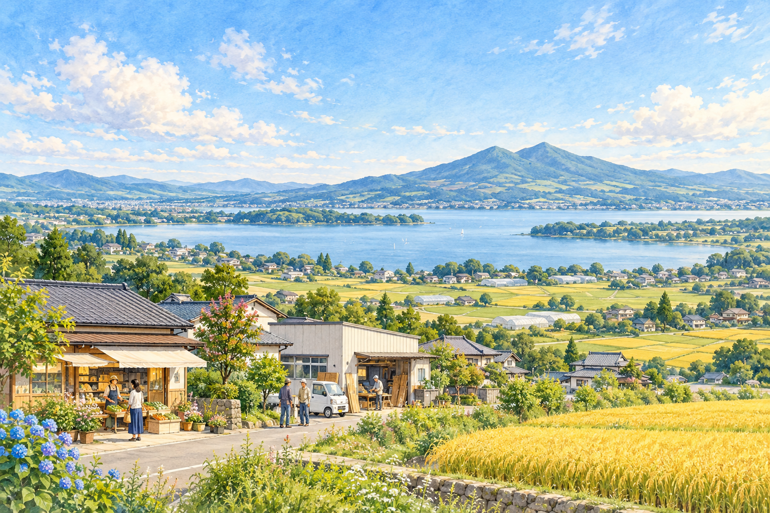茨城県の穏やかな山並みと広い田畑、湖畔や町の暮らしを組み合わせた創作イラスト。特定の場所・実在の企業・店舗・道路の実景や、Bämの拠点ではありません。