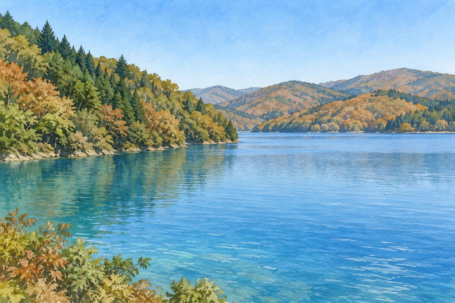 揖斐川町の徳山湖をモチーフに、青い湖面、左からせり出す緑の斜面と、緑や茶色に色づく丸みのある山並みを描いた創作イラスト