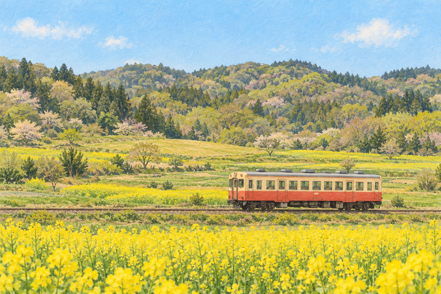 千葉県が紹介する南市原の実写真から、里山と菜の花、小さな列車の風景を参考に描いた春の創作イラスト。実景写真や正確な車両・線路、現在の運行・開花や通行条件、Bämの拠点を示すものではありません。