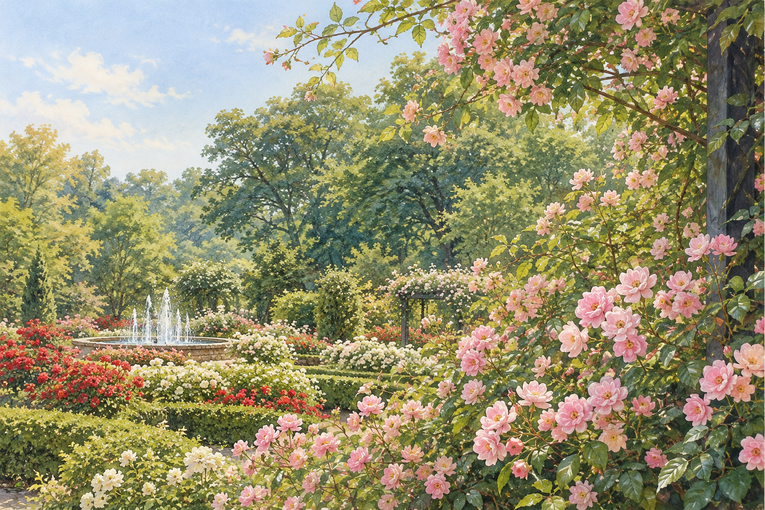 市川市公式の里見公園のバラ園写真を参考に、ピンクのつるバラや木立、花壇と小さな噴水を描いた創作イラスト。実景写真や正確な園内配置、現在の開花・利用状況、Bämの拠点を示すものではありません。