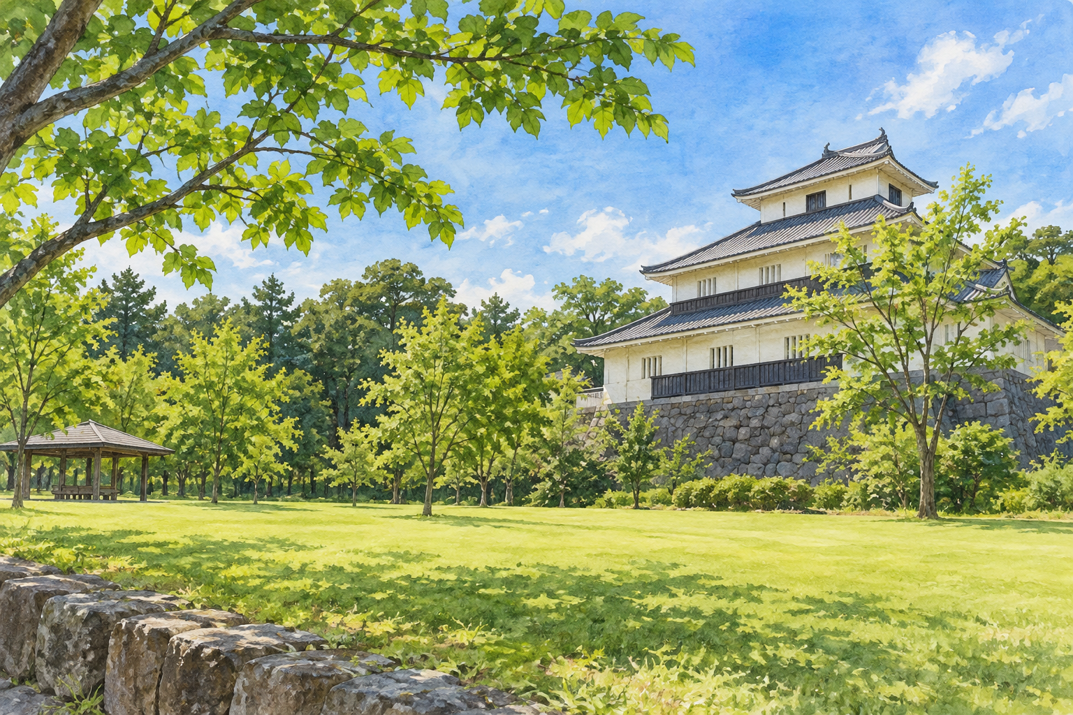 市川三郷町公式の歌舞伎文化公園ふるさと会館の写真をモチーフに、城風の屋根が重なる会館と芝生、周囲の木立を描く創作イラスト。建物や木の形・配置は創作と簡略化を含み、正確な施設構造や現在の展示・利用・通行状況を示す写真ではありません