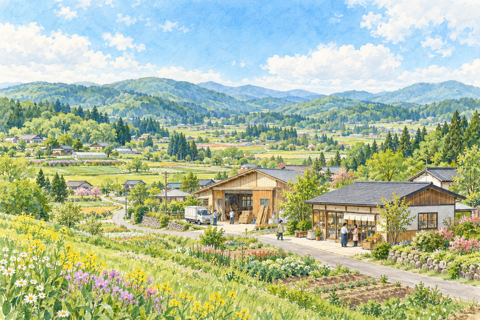 福島県飯舘村の穏やかな高原の田畑、花と小さな仕事場のある暮らしをイメージした創作イラスト。実在の工場・菓子店・道の駅・農場・道路の実景や、Bämの拠点ではありません。