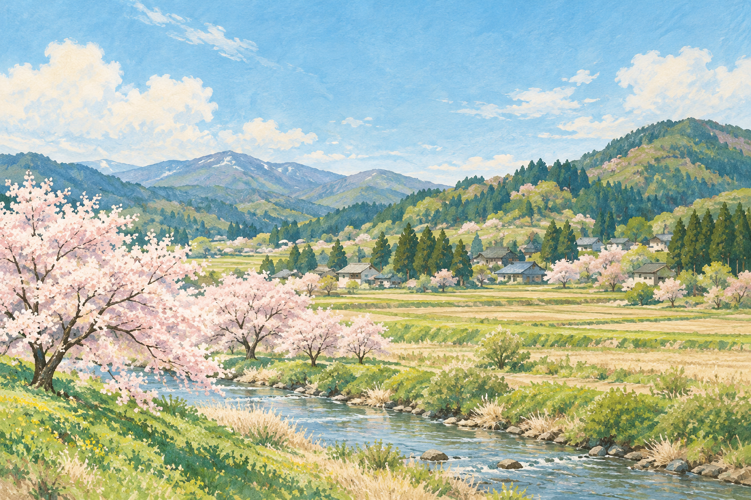 井川町の桜のある里と田畑、川辺をイメージした創作イラスト。実在の日本国花苑・工場・店舗やBämの拠点を描いたものではありません。