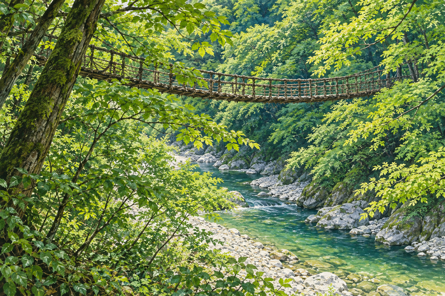 福井県池田町の観光情報サイトにあるかずら橋写真をモチーフに、緑の木々の間に架かるつるで覆われた橋と、下を流れる川を描く創作イラスト。橋や地形・植栽は創作と簡略化を含み、現在の通行・利用状況や安全を示す写真ではありません