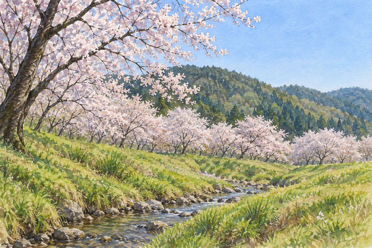 岐阜県池田町の霞間ヶ渓をモチーフに、左の桜の枝、斜めに続く小さな流れと草の斜面、奥の緑の山を描いた創作イラスト