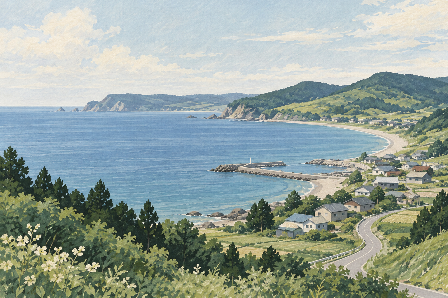 今別町をイメージした、海と緑の丘、小さな集落が見える風景のイラスト