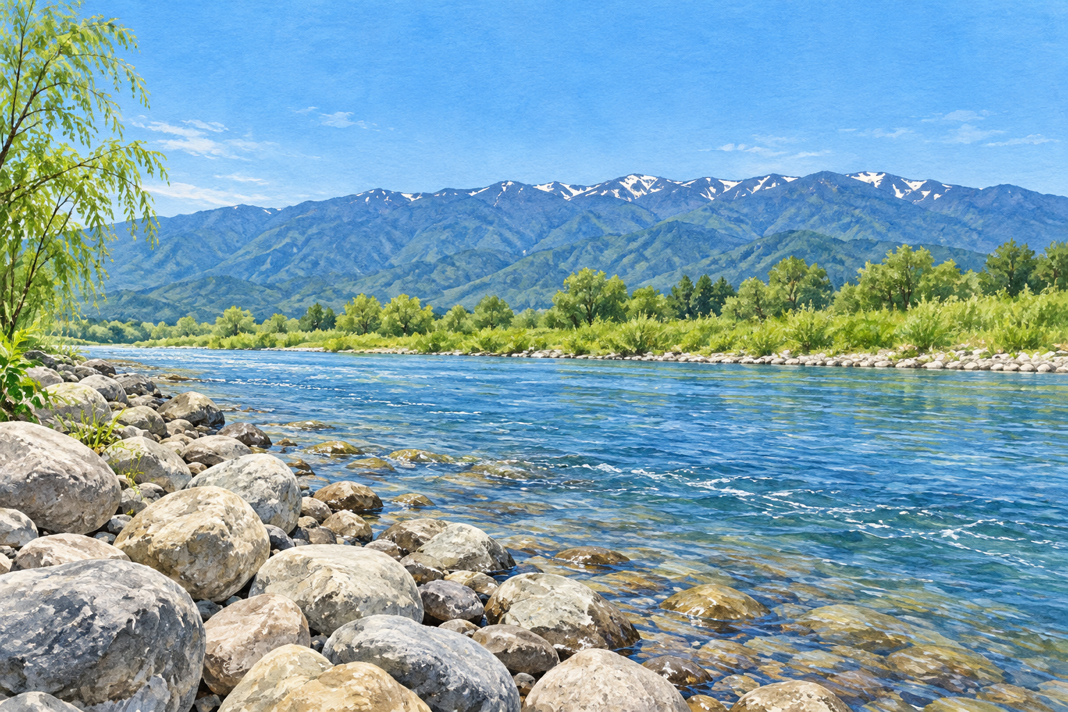 伊那市公式の三峰川と中央アルプスの写真をモチーフに、丸い石の河原、青い川、緑の岸と残雪の山並みを別構図で描く創作イラスト。川筋や地形は創作と簡略化を含み、現在の水位・季節・眺望や河原への立入・通行・安全を示す写真ではありません