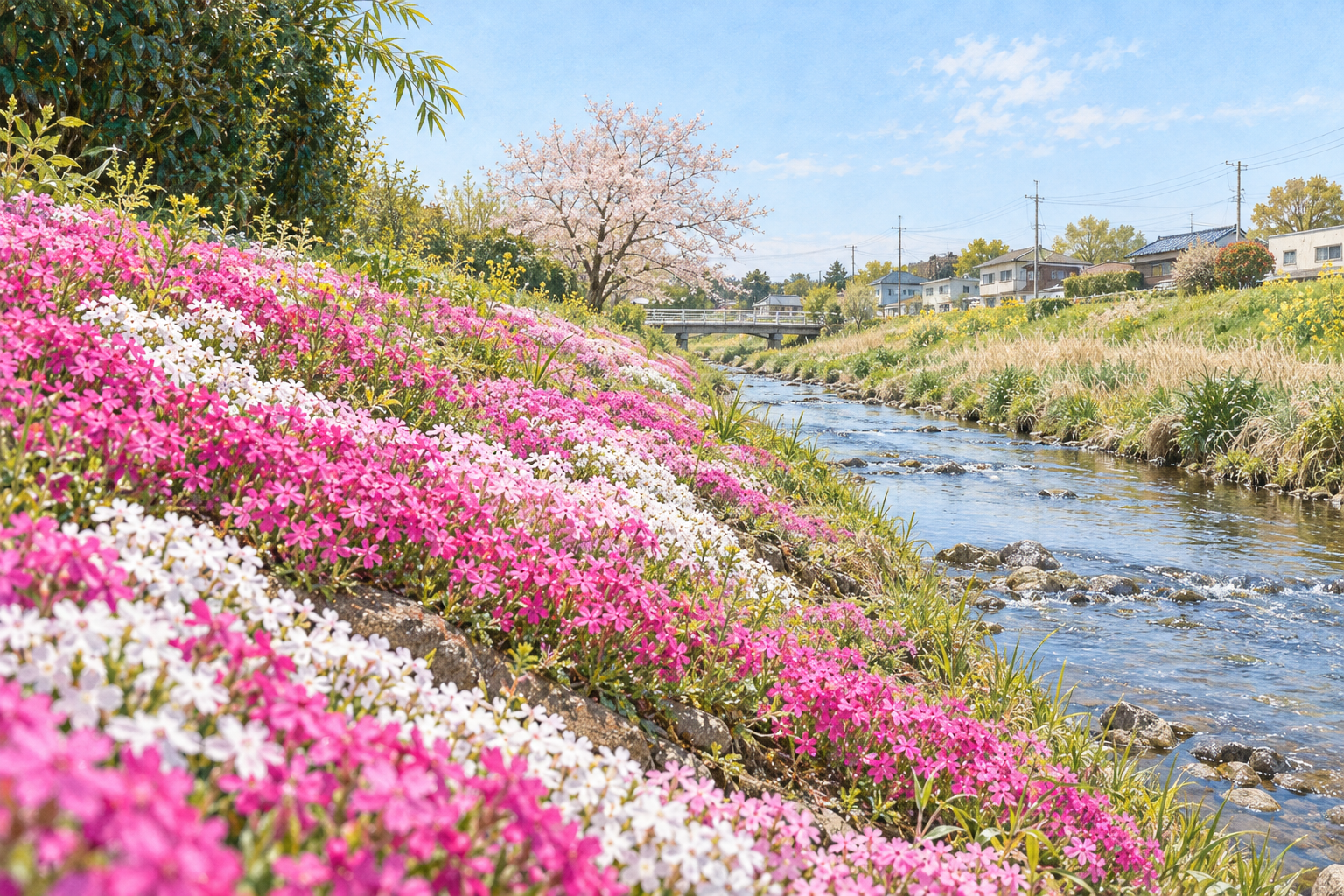 伊勢原市の渋田川沿いの春景色をモチーフに、桃色と白の芝桜、浅い川と淡い桜、対岸の家並みを描いた創作イラスト。現在の開花や催し、正確な配置・通行状況を示す写真ではありません