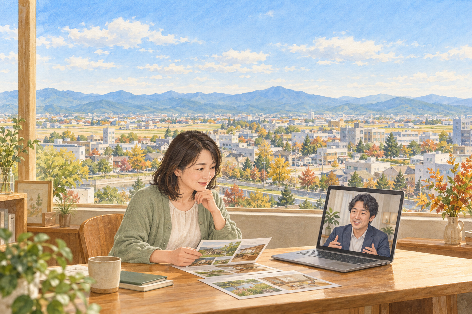 伊勢崎らしい広い市街地と遠くの山並みを背景に、女性の事業者が資料を手にWeb相談する創作イラスト。実在の人物・会社・店舗や特定の場所の実景、Bämの拠点ではありません。