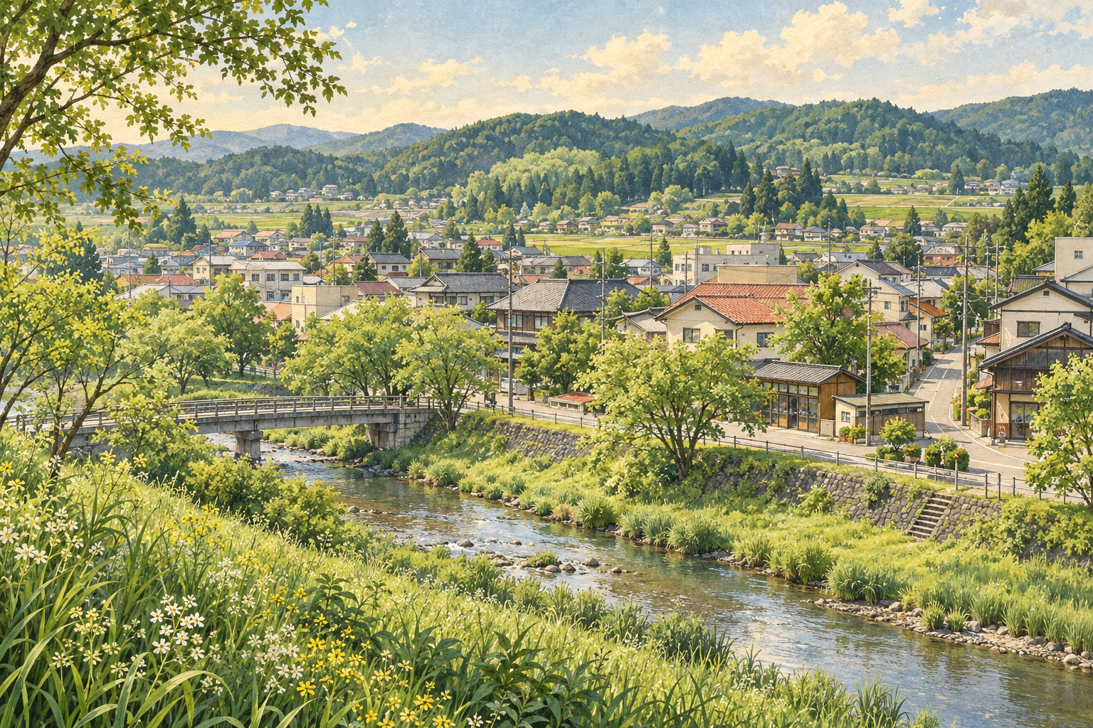 福島県石川町の緑の丘や水辺と、現代の会社・お店のある暮らしをイメージした創作イラスト。特定の川・橋・菓子店・工場・旅館の実景、Bämの拠点ではありません。