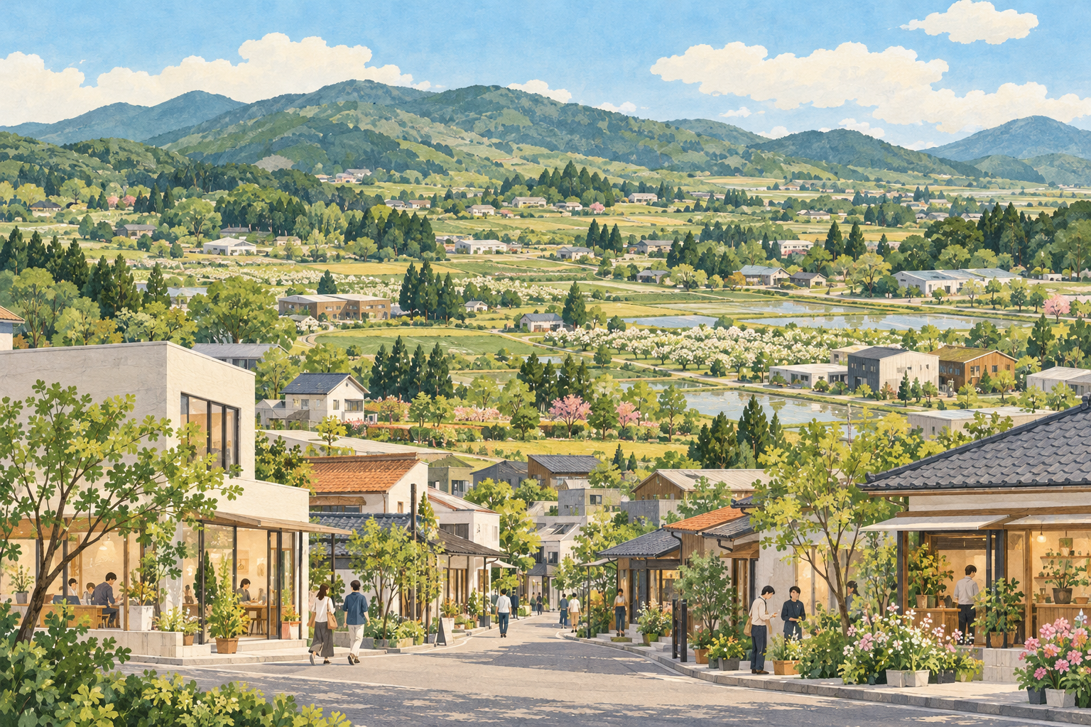 石岡市の八郷の里山や果樹園、会社・お店のある街並みをイメージした創作イラスト。実在の農園・工場・店舗・フラワーパーク・歴史建築の実景や、Bämの拠点ではありません。