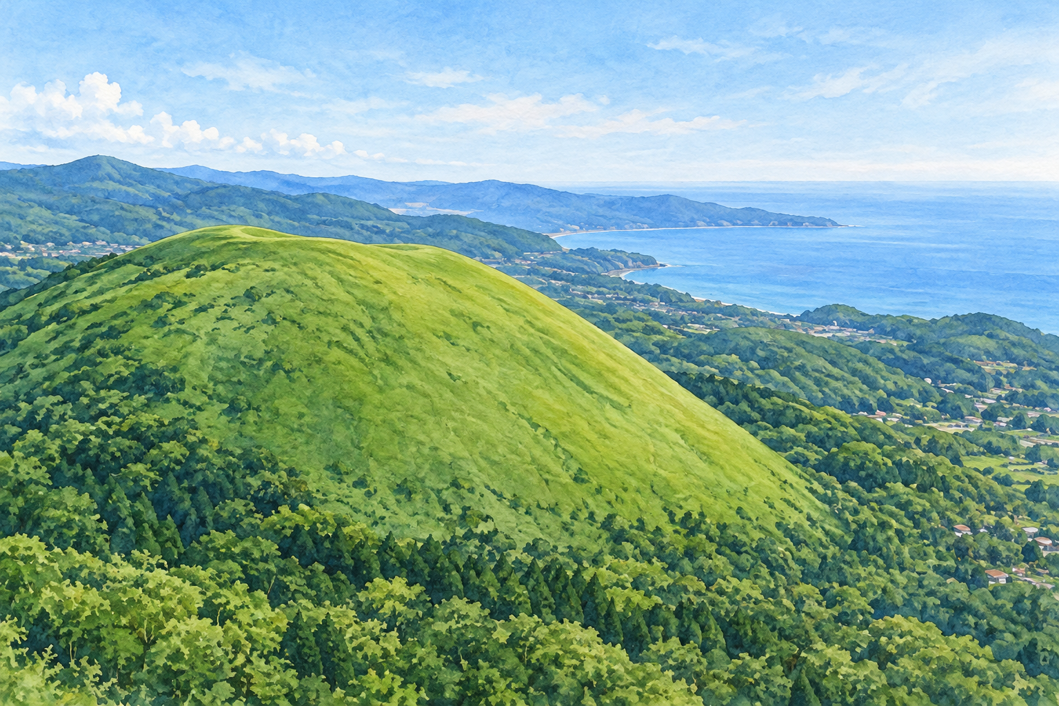 伊東市公式の大室山の写真をモチーフに、丸く草に覆われた山の斜面とふもとの森、海へ続く低い丘を別構図で描いた創作イラスト。正確な地形や建物配置、現在の季節、通行の可否を示す写真や地図ではありません