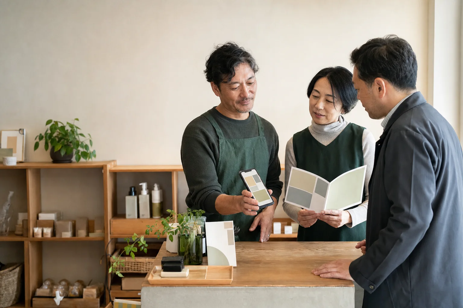 店舗の案内とスマートフォン画面を見ながら、事業者と制作担当者が来店前に必要な情報を話し合う様子