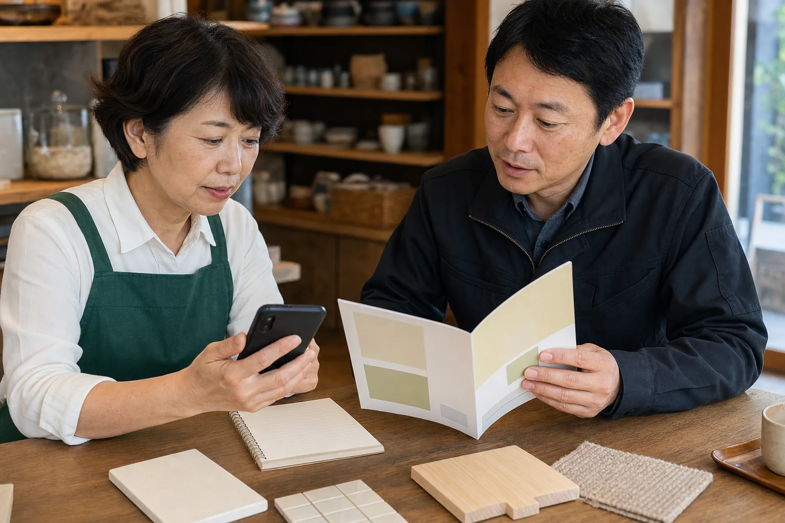 店内や仕事場を確認しながら、地域のお客様へ伝えるサービス内容を整理する様子