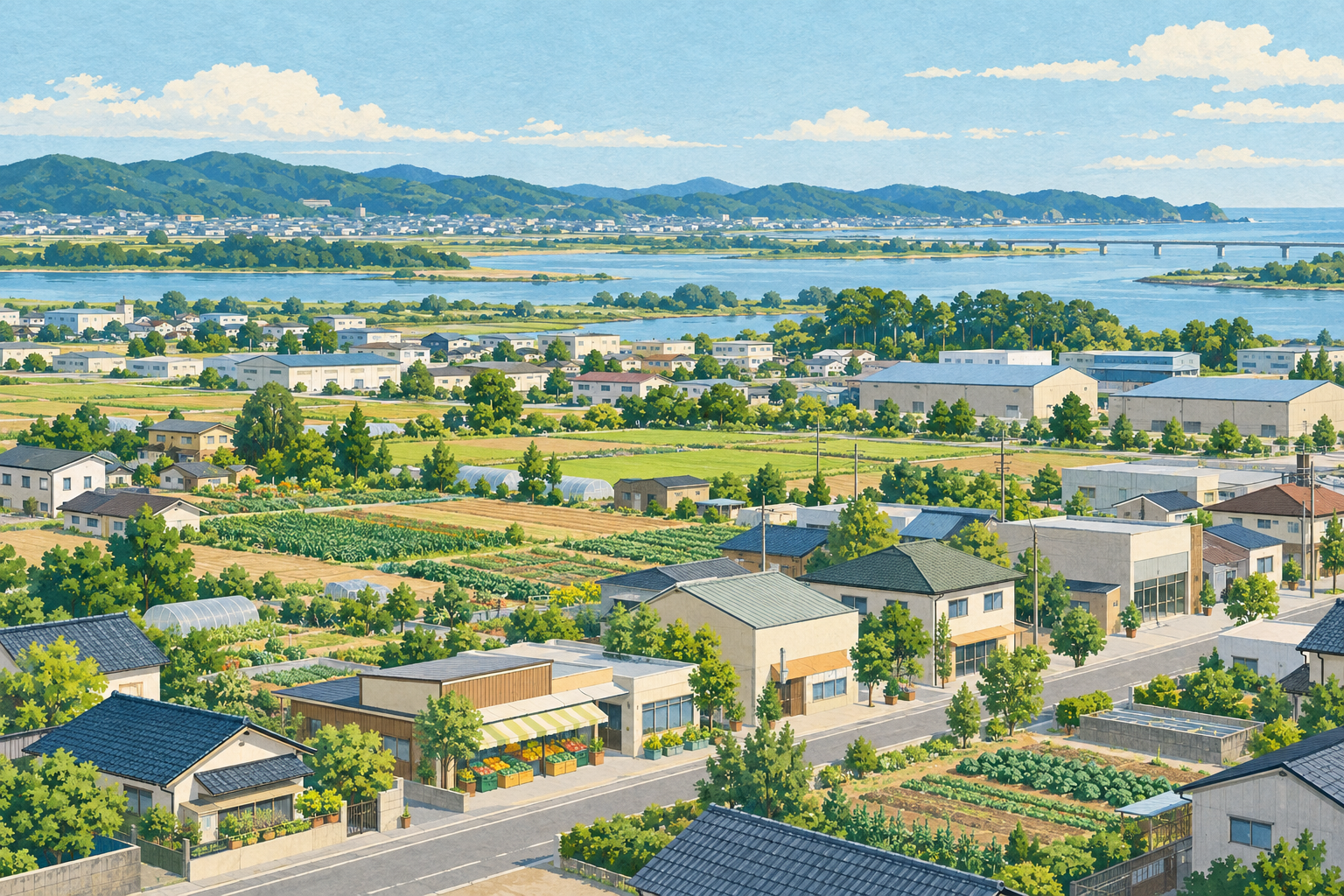 岩沼をイメージした、田畑に囲まれた低い店舗や住宅、倉庫の屋根、広い川と緑の丘が見える架空の風景のイラスト