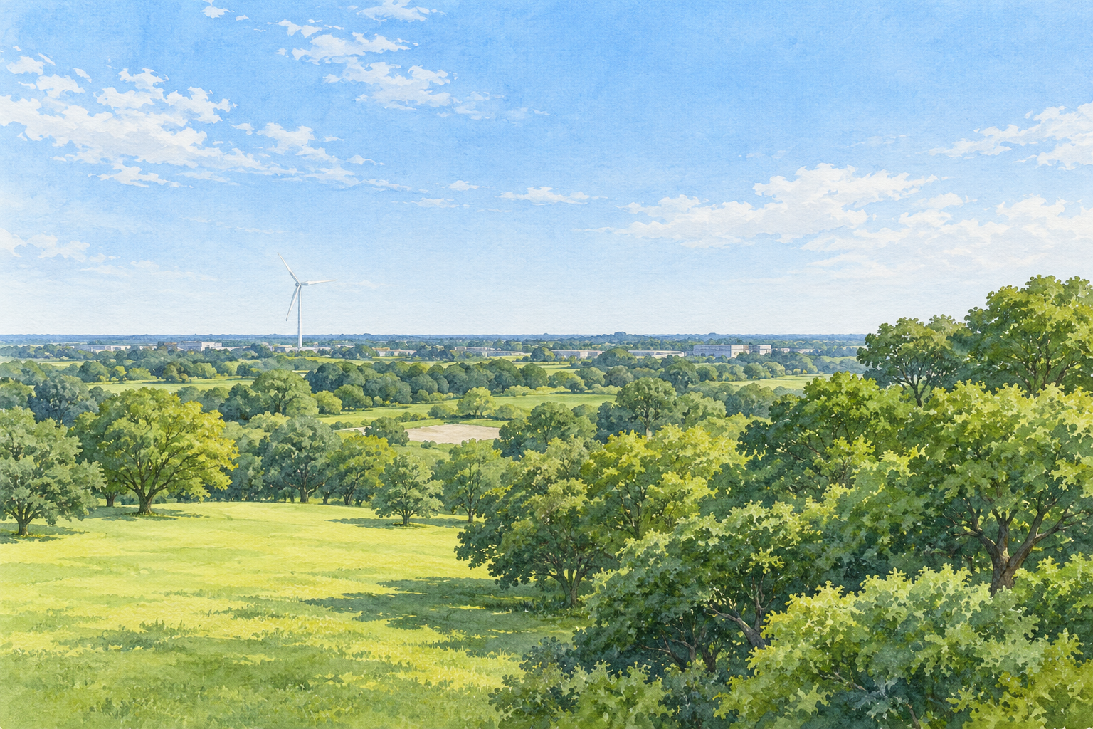磐田市公式の竜洋海洋公園の写真をモチーフに、丸い木々と芝生、低く開けた地平線に小さく見える風車、広い空を別構図で描いた創作イラスト。園内の正確な配置や現在の通行可否、海岸への経路を示す写真ではありません
