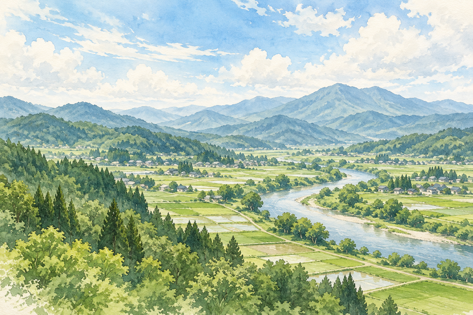 岩手県の自然をイメージした、川沿いの田園と山並みの架空の風景のイラスト