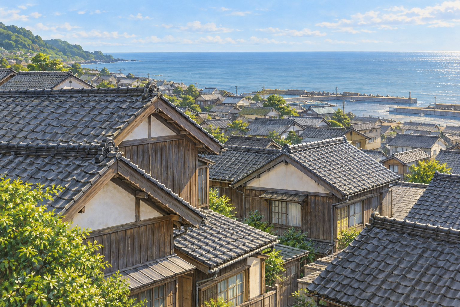 出雲崎町の妻入りの街並みをモチーフに、重なって並ぶ瓦屋根と木の家、海岸と青い海を描いた創作イラスト。家屋や屋根・道路・海岸の形と配置は創作と簡略化を含み、正確な建物や道順、現在の街並みや通行・安全を示す写真ではありません