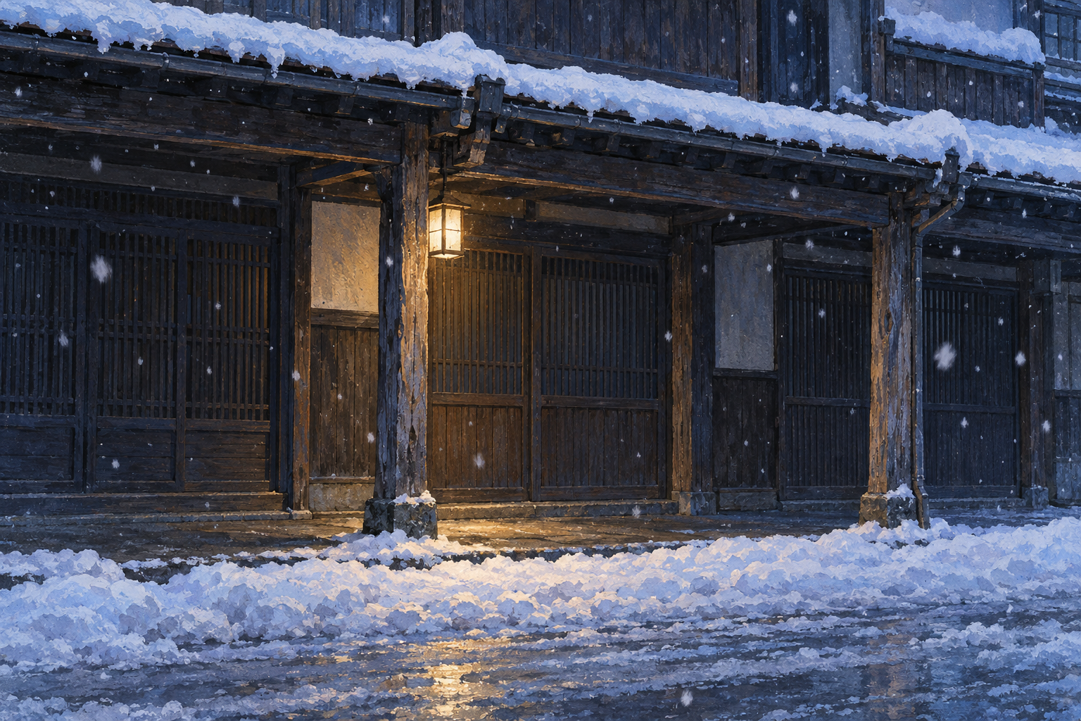 上越市高田の雁木通りをモチーフに、雪のある軒と木の柱、控えめな灯りを描いた創作イラスト。建物や雪、灯りと配置は創作・簡略化を含み、現在の積雪・営業・建物の状態や通行の安全を示す写真ではありません