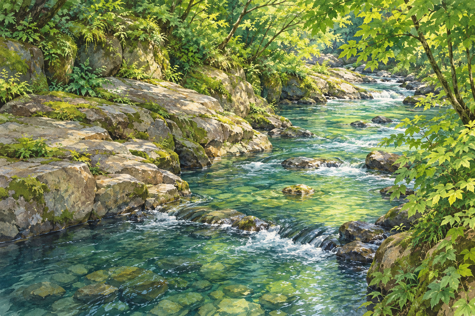 石川県観光連盟が掲載する鶴仙渓の写真をモチーフに、青緑の渓流と低い岩、重なる緑の木々を描いた創作イラスト。川や岩・草木・光・配置は創作と簡略化を含み、正確な地形・地質や現在の水位・季節・天候・施設・通行や安全を示す写真ではありません