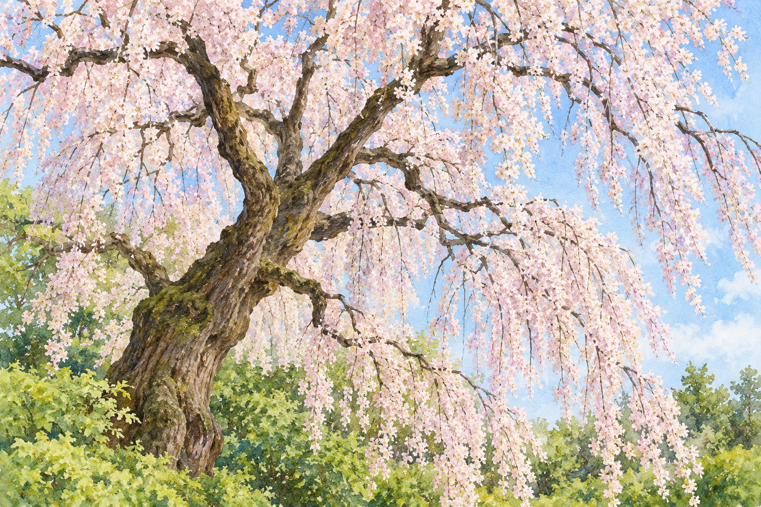 石川県観光連盟が紹介する喜多家しだれ桜の写真をモチーフに、曲がりのある幹と枝から淡い花が垂れる様子を描いた創作イラスト。木や枝・花・草木・光・配置は創作と簡略化を含み、正確な樹形や年齢・高さ、現在の開花・庭や施設・観覧や通行・安全を示す写真ではありません