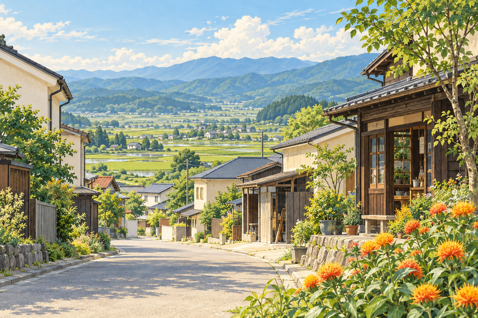 河北町の町並みや田畑、紅花と遠くの山並みをイメージした創作イラスト。特定地点の実景、実在の企業・資料館やBämの拠点を描いたものではありません。